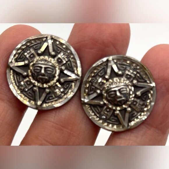 Rare-Vintage, Sterling Silver 925 Mayan Sun Dial Calendar-Cufflinks Round Mayan - Picture 7 of 7